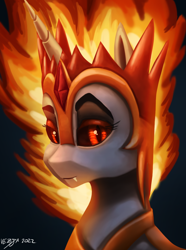 Size: 1000x1346 | Tagged: safe, artist:vezja, imported from derpibooru, daybreaker, alicorn, pony, armor, bust, female, fire, gem, glowing, glowing eyes, helm, horn, mane of fire, mare, portrait, raised eyebrow, simple background