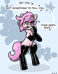 Size: 1112x1426 | Tagged: safe, artist:n-o-n, imported from derpibooru, oc, oc only, oc:kayla, earth pony, pony, bipedal, blushing, clothes, dialogue, eyebrows, eyebrows visible through hair, female, flower, gloves, grammar error, heart, latex, latex gloves, latex socks, looking at you, mare, one eye closed, open mouth, open smile, smiling, smiling at you, socks, solo, talking to viewer, trade, waifu, wink