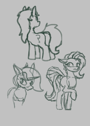 Size: 339x473 | Tagged: safe, artist:firecracker, lyra heartstrings, trixie, oc, oc:filly anon, earth pony, pony, unicorn, aggie.io, butt, drawpile, female, filly, mare, monochrome, plot, raised hoof, simple background