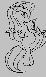 Size: 197x326 | Tagged: safe, artist:firecracker, fluttershy, pegasus, pony, aggie.io, female, lowres, mare, monochrome, simple background, sketch, spread wings, wings