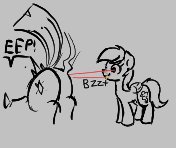 Size: 176x148 | Tagged: safe, rainbow dash, twilight sparkle, pegasus, pony, aggie.io, butt, eye beams, female, laser, lowres, mare, monochrome, plot, raised tail, simple background, smiling, tail