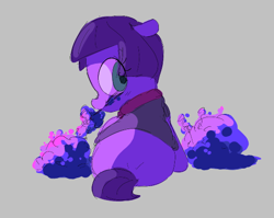 Size: 526x418 | Tagged: safe, artist:parfait, lavandula, earth pony, pony, aggie.io, clothes, female, filly, looking back, lying down, shirt, simple background, smiling