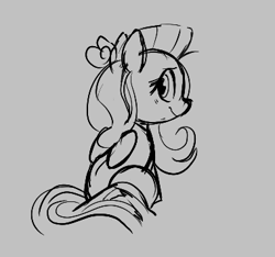 Size: 381x356 | Tagged: safe, fluttershy, pegasus, pony, aggie.io, female, looking back, lowres, mare, monochrome, simple background, sitting, smiling