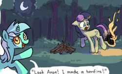 Size: 808x489 | Tagged: safe, artist:plunger, artist:toffo, bon bon, lyra heartstrings, sweetie drops, earth pony, pony, unicorn, bonfire, burning, bush, bust, exclamation point, female, fire, forest, gasp, horn, implied anon, looking at you, looking back, mare, moon, night, offscreen character, open mouth, open smile, pun, raised hoof, speech bubble, talking to viewer, text, tree, wood, wordplay