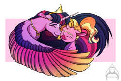 Size: 1280x854 | Tagged: safe, artist:will-owl-the-wisp, imported from derpibooru, luster dawn, twilight sparkle, alicorn, pony, unicorn, the last problem, colored wings, eyes closed, female, floppy ears, gradient wings, hug, mare, older, older twilight, princess twilight 2.0, teacher and student, twilight sparkle (alicorn), winghug, wings