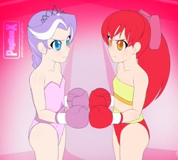 Size: 1600x1443 | Tagged: safe, artist:pugilismx, imported from twibooru, apple bloom, diamond tiara, human, boxing, boxing gloves, humanized, image, needs more jpeg, sports
