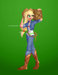 Size: 3111x4000 | Tagged: safe, artist:wenraz, imported from derpibooru, applejack, human, applejack's hat, boots, box, clothes, cowboy boots, cowboy hat, cute, denim, female, freckles, green background, hat, humanized, jackabetes, jeans, lasso, open mouth, pants, rope, shirt, shoes, simple background, solo, t-shirt, vest