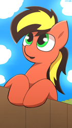 Size: 2160x3840 | Tagged: safe, artist:monycaalot, imported from derpibooru, oc, oc:golden blast, pegasus, art trade, cloud, cute, fence, green eyes, high res, looking up, male, open mouth, pegasus oc, simple background, sky, solo, wings