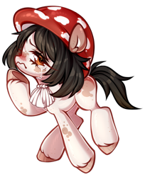 Size: 632x776 | Tagged: safe, artist:miioko, imported from derpibooru, oc, oc only, earth pony, pony, blushing, crying, deviantart watermark, earth pony oc, hat, mushroom, obtrusive watermark, raised hoof, solo, unshorn fetlocks, watermark