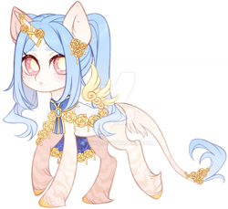 Size: 1024x939 | Tagged: safe, artist:miioko, imported from derpibooru, oc, oc only, alicorn, pony, alicorn oc, clothes, deviantart watermark, female, hoof fluff, horn, horn jewelry, jewelry, leonine tail, mare, obtrusive watermark, simple background, solo, tail, watermark, white background, wings