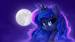 Size: 3637x2036 | Tagged: safe, artist:zeepheru_pone, imported from derpibooru, princess luna, alicorn, pony, bust, chest fluff, ear fluff, ethereal mane, female, high res, looking at you, mare, moon, peytral, portrait, smiling, smiling at you, solo, starry mane
