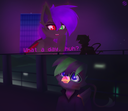 Size: 6000x5200 | Tagged: safe, artist:toxinagraphica, imported from derpibooru, oc, oc only, oc:heter dark, bat pony, griffon, pony, :c, :d, absurd resolution, bandaid, bandaid on nose, blade runner, blade runner 2049, blood, bridge, building, cheek fluff, clothes, coat, ear fluff, eyelashes, fangs, female, fluffy, folded wings, frown, glow, injured, male, mare, meme, night, open mouth, open smile, patch, ponified, retro, sad, sky, smiling, text, vhs, water, wings
