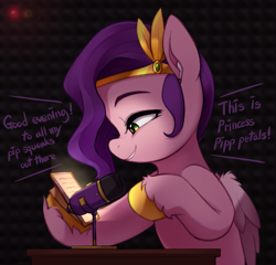 Size: 3085x2960 | Tagged: safe, artist:maren, imported from derpibooru, pipp petals, pegasus, pony, asmr, calm.com, cellphone, circlet, dialogue, female, folded wings, g5, high res, hoof hold, looking at something, mare, microphone, phone, princess for a day, profile, recording studio, smartphone, smiling, solo, unshorn fetlocks, wings