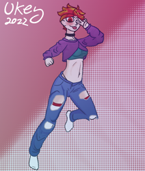 Size: 684x808 | Tagged: safe, artist:ukedideka, imported from derpibooru, oc, oc only, oc:lumen afterglow, human, abstract background, belly button, clothes, female, humanized, humanized oc, one eye closed, peace sign, signature, simple background, socks, solo, stocking feet, stockings, thigh highs, tongue out, wink