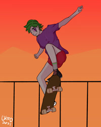 Size: 1280x1600 | Tagged: safe, artist:ukedideka, imported from derpibooru, oc, oc only, oc:quizzical aphre, human, clothes, colored pupils, eyebrows, female, humanized, jumping, looking at you, one eye closed, shoes, shorts, signature, skateboard, skateboarding, smiling, socks, solo, wink