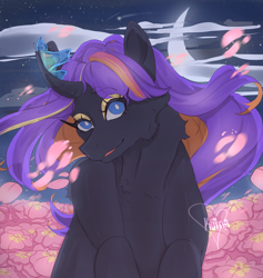 Size: 2224x2342 | Tagged: safe, artist:kuinabun, imported from derpibooru, oc, oc only, butterfly, pony, unicorn, bust, chest fluff, crescent moon, curved horn, female, flower, horn, mare, moon, night, outdoors, petals, signature, smiling, solo, stars, transparent moon, unicorn oc