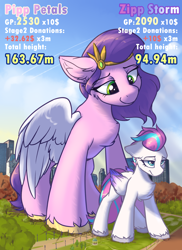 Size: 1600x2200 | Tagged: safe, artist:ravistdash, imported from derpibooru, pipp petals, zipp storm, pegasus, pony, spoiler:g5, building, chest fluff, city, destruction, female, g5, giant pegasus, giant pony, growth drive, macro, mare, park, pipp is tall, siblings, sisters, smiling, smirk, text