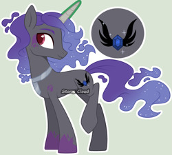 Size: 2693x2419 | Tagged: safe, artist:stormcloud-yt, imported from derpibooru, oc, oc only, pony, unicorn, ethereal mane, horn, looking back, male, necktie, offspring, parent:king sombra, parent:princess luna, parents:lumbra, raised hoof, simple background, stallion, starry mane, unicorn oc