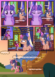 Size: 2894x4093 | Tagged: safe, artist:stormcloud-yt, imported from derpibooru, twilight sparkle, oc, alicorn, pony, bag, base used, comic, dialogue, eyes closed, female, filly, foal, glow, glowing horn, horn, looking back, magic, mare, offspring, outdoors, parent:flash sentry, parent:twilight sparkle, parents:flashlight, saddle bag, telekinesis, twilight sparkle (alicorn)