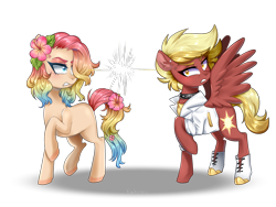 Size: 1600x1200 | Tagged: safe, artist:kaikururu, imported from derpibooru, oc, earth pony, pegasus, pony, annoyed, clothes, duo, earth pony oc, female, flower, flower in hair, hair over one eye, looking back, mare, multicolored hair, pegasus oc, rainbow hair, raised hoof, simple background, transparent background, wings