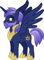 Size: 2210x2990 | Tagged: safe, artist:shakespearicles, artist:whalepornoz, imported from derpibooru, oc, oc only, oc:prince nova sparkle, alicorn, pony, fanfic:cat's cradle, alicorn oc, beard, facial hair, fimfiction, high res, horn, jewelry, male, offspring, ponytail, prince, product of incest, regalia, royalty, shakespearicles, show accurate, simple background, solo, stallion, standing, transparent background, wings