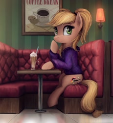 Size: 2300x2494 | Tagged: safe, artist:magfen, imported from derpibooru, oc, oc only, earth pony, pony, cafe, clothes, coffee, couch, female, food, hoodie, lamp, latte, mare, poster, sitting, solo, straw, wondering