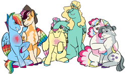 Size: 2008x1181 | Tagged: safe, artist:lieutenantcactus, imported from derpibooru, fluttershy, marble pie, pinkie pie, rainbow dash, scootaloo, zephyr breeze, earth pony, pegasus, pony, alternate design, brother and sister, coat markings, colored hooves, colored wings, female, hug, male, mare, multicolored hooves, multicolored wings, older, older scootaloo, pie sisters, pie twins, rainbow wings, siblings, simple background, sisters, stallion, twins, white background, wings