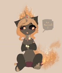 Size: 2443x2894 | Tagged: safe, artist:magnaluna, imported from derpibooru, princess luna, pony, alternate universe, beige background, black sclera, burning, chest fluff, ear fluff, female, fire, full body, hooves together, mane of fire, mare, simple background, sitting, solo