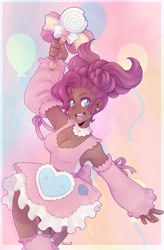 Size: 619x942 | Tagged: safe, artist:mahona9, imported from derpibooru, pinkie pie, human, accessory, arm warmers, bow, breasts, bust, busty pinkie pie, clothes, dark skin, detailed background, ear piercing, earring, eyebrows, female, g4, happy, heart, humanized, jewelry, looking at something, magic wand, magical girl, open mouth, outfit, piercing, ribbon, soft, solo, stockings, thick, thigh highs, wand