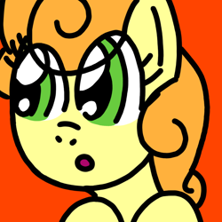 Size: 768x768 | Tagged: safe, artist:danielthebrony57, imported from derpibooru, carrot top, golden harvest, earth pony, pony, :o, background pony, cute, cutie top, danielthebrony57's looking up ponies, female, g4, hooves, looking up, mare, meme, o, o mouth, open mouth, orange background, simple background, solo