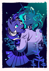 Size: 4200x6000 | Tagged: safe, artist:poxy_boxy, imported from derpibooru, oc, oc:efflorescence, oc:witching hour, anthro, bat pony, unicorn, bat pony oc, couple, limited palette, oc x oc, shipping, witchessence