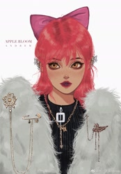 Size: 1640x2360 | Tagged: safe, artist:chenchuanerandrew, imported from derpibooru, apple bloom, human, apple bloom's bow, bow, clothes, coat, ear piercing, earring, eyeshadow, female, freckles, fur coat, hair bow, humanized, jewelry, lip piercing, lipstick, makeup, necklace, older, older apple bloom, piercing, simple background, solo, sweater, white background