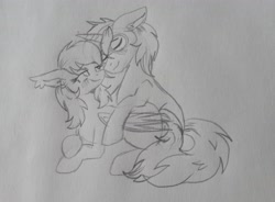 Size: 3456x2547 | Tagged: safe, artist:dreamy990, imported from derpibooru, oc, oc only, oc:midnight moon, oc:shadow twinkle, bat pony, pony, unicorn, blushing, cuddling, duo, floppy ears, glasses, round glasses, traditional art