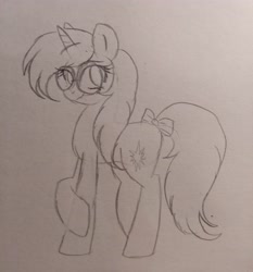 Size: 3456x3706 | Tagged: safe, artist:dreamy990, imported from derpibooru, oc, oc only, oc:shadow twinkle, pony, unicorn, bow, female, glasses, mare, round glasses, solo, tail, tail bow, traditional art