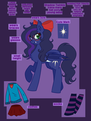 Size: 3456x4608 | Tagged: safe, artist:dreamy990, imported from derpibooru, oc, oc only, oc:shadow twinkle, bat pony, pony, bow, chest fluff, clothes, female, freckles, glasses, hair bow, heterochromia, mare, reference sheet, round glasses, socks, solo, striped socks, thigh highs