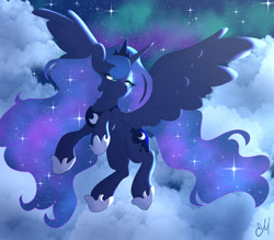 Size: 1600x1401 | Tagged: safe, artist:marietably, imported from derpibooru, princess luna, alicorn, pony, cloud, ethereal mane, female, flying, mare, night, sky, solo, spread wings, starry mane, starry night, stars, wings