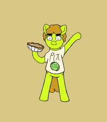 Size: 1750x2000 | Tagged: safe, artist:potatoconnoisseur, derpibooru exclusive, imported from derpibooru, oc, oc only, oc:up beet, earth pony, pony, bipedal, eyebrows, female, food, looking at you, mare, pi, pi day, pie, simple background, smiling, solo