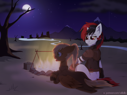 Size: 1600x1200 | Tagged: safe, artist:willoillo, imported from derpibooru, oc, oc only, oc:blackjack, oc:threnody, pegasus, pony, unicorn, fallout equestria, fallout equestria: project horizons, campfire, commission, fanfic art, horn, moon, mountain, night, small horn, stars, tree