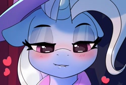 Size: 610x412 | Tagged: safe, artist:pabbley, imported from derpibooru, trixie, pony, unicorn, art pack:teats for tat, advertisement, bedroom eyes, blushing, cropped porn, female, floppy ears, heart, lidded eyes, lip bite, looking at you, mare, smiling, solo