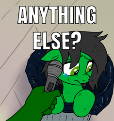 Size: 1200x1279 | Tagged: safe, artist:pony quarantine, imported from derpibooru, oc, oc:anon, oc:filly anon, pony, crying, dirty, female, filly, interview, looking down, microphone, question, sad, teary eyes, text, trash can