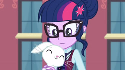 Size: 3410x1920 | Tagged: safe, imported from derpibooru, screencap, angel bunny, sci-twi, twilight sparkle, rabbit, equestria girls, friendship games, angelbetes, animal, canterlot high, cute, duo, eyes closed, female, glasses, high res, magic capture device, male, smiling