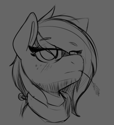 Size: 769x844 | Tagged: safe, artist:lockheart, imported from derpibooru, big macintosh, earth pony, pony, big macintosh's yoke, blushing, bust, female, freckles, gray background, grayscale, hay stalk, horse collar, lidded eyes, macareina, mare, monochrome, portrait, rule 63, simple background, sketch, solo