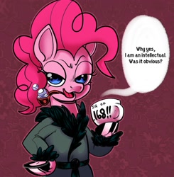 Size: 1960x2000 | Tagged: safe, artist:swagstapiece, imported from derpibooru, pinkie pie, earth pony, pony, abstract background, bubble pipe, clothes, cup, female, hoof hold, iq, mare, open mouth, pipe, robe, solo, speech bubble, talking to viewer, teacup, unshorn fetlocks