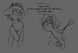 Size: 1252x856 | Tagged: safe, artist:lockheart, imported from derpibooru, cozy glow, pegasus, pony, bedroom eyes, bipedal, cuffs, dialogue, duo, female, filly, flirting, floppy ears, foal, handcuffed, looking at each other, looking at someone, male, nervous, open mouth, raised hoof, restrained, seems legit, sketch, speech bubble, stallion, sweat