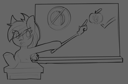 Size: 1470x962 | Tagged: safe, artist:lockheart, imported from derpibooru, applejack, earth pony, pony, apple, chalkboard, desk, female, food, grayscale, mare, monochrome, open mouth, pointer, sketch, solo, teacher, watermelon