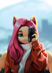 Size: 2075x2902 | Tagged: safe, artist:mrscroup, imported from derpibooru, fluttershy, anthro, pegasus, camera, clothes, colored ear fluff, cute, ear fluff, female, jacket, looking at you, mare, one eye covered, shyabetes, smiling, solo, spread wings, sweater, sweatershy, wings