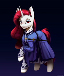 Size: 1669x1980 | Tagged: safe, artist:mrscroup, imported from derpibooru, oc, oc only, oc:radiant star, pony, unicorn, clothes, dress, gradient background, red eyes, red mane, solo, sword, weapon