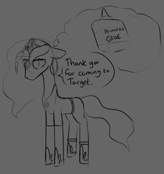 Size: 1110x1176 | Tagged: safe, artist:lockheart, imported from derpibooru, princess luna, alicorn, pony, clothes, depressed, dialogue, female, floppy ears, floppy horn, glue, gray background, grayscale, horn, jewelry, mare, monochrome, pants, peytral, regalia, sad, shirt, simple background, sketch, solo, speech bubble, target (store), thought bubble