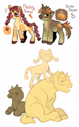 Size: 1280x2048 | Tagged: safe, artist:mylittlegami, imported from derpibooru, donut joe, oc, oc:burnt toast, oc:freshyly baked, earth pony, pony, unicorn, brother and sister, colt, father and child, female, filly, foal, male, offspring, parent:donut joe, siblings, simple background, stallion, white background