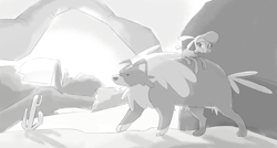Size: 5544x2975 | Tagged: safe, artist:ktubosi83, imported from derpibooru, dog, sheep, them's fightin' herds, bell, big mama, black and white, cactus, carrying, collar, community related, grayscale, monochrome, pom (tfh), sunset prairie